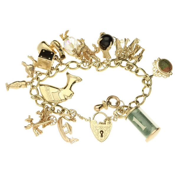 9ct Yellow Gold Ladies Charm Bracelet With Heart Padlock Clasp
