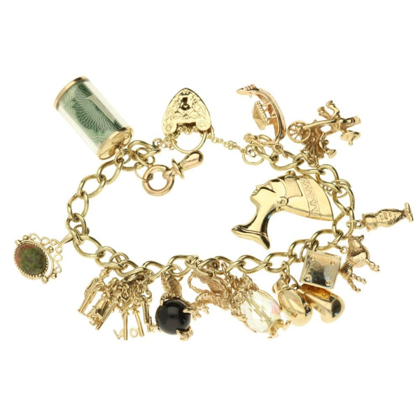 9ct Yellow Gold Ladies Charm Bracelet With Heart Padlock Clasp