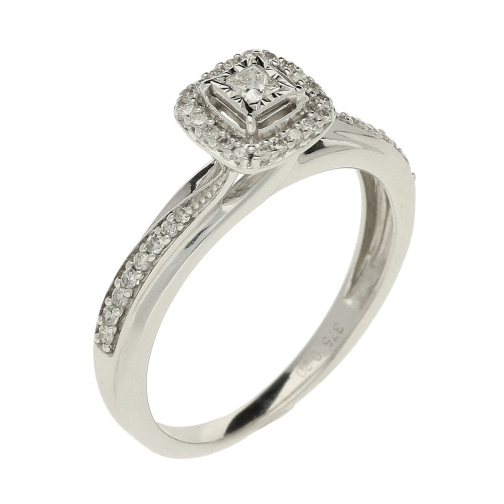9ct White Gold Cluster Diamond Ring- Size N