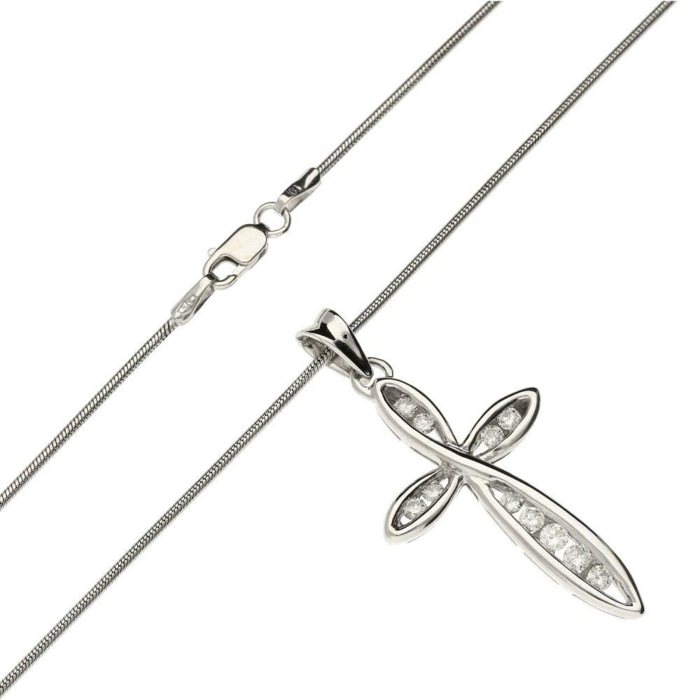 9ct White Gold Snake Necklace With Diamond Cross Pendant
