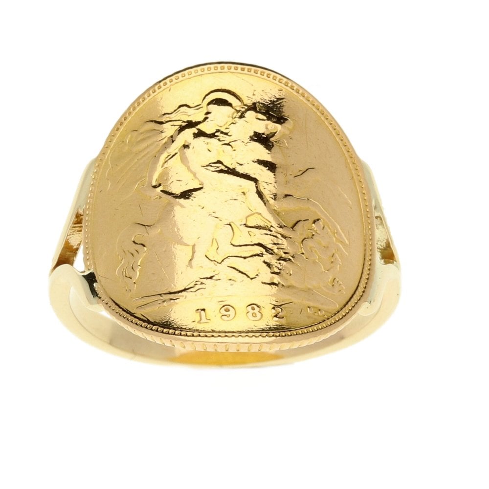 Gold 1982 Bent Over Half Sovereign Ring - Size O - 5.1g