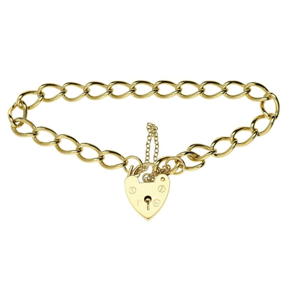 9ct Yellow Gold-Ladies-Curb Bracelet-Heart Padlock-19cm