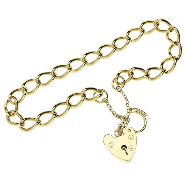 9ct Yellow Gold-Ladies-Curb Bracelet-Heart Padlock-19cm