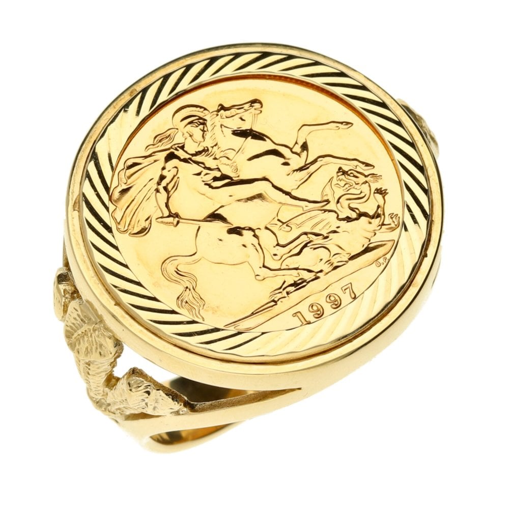 9ct Yellow Gold Gents Full Soverign Ring-1997- Size W