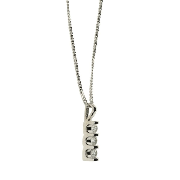 9ct White Gold 3 Stone Diamond Pendant & Chain