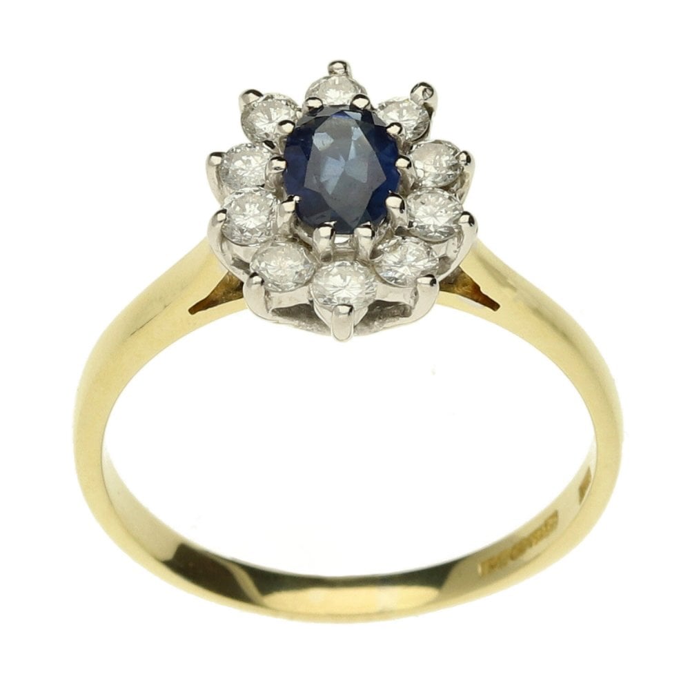 18ct Yellow Gold Sapphire Diamond Cluster Ring-Size M