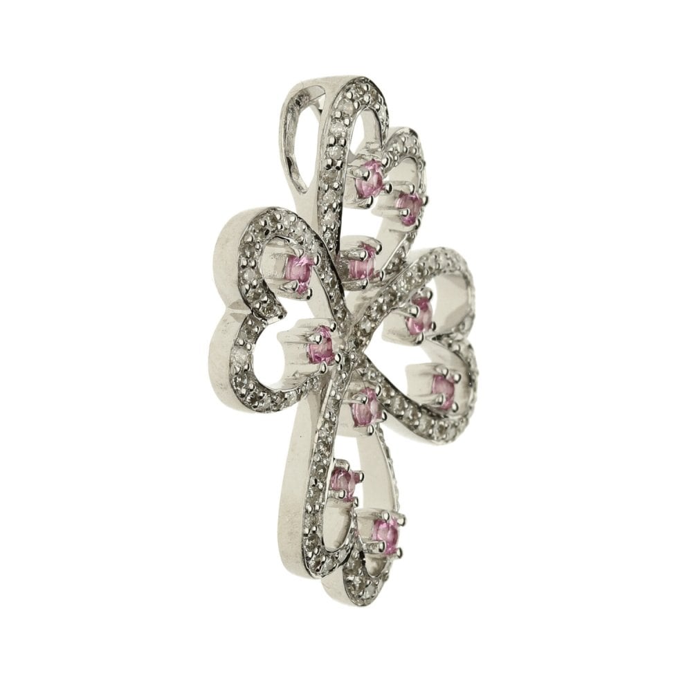 18ct white gold diamond and pink stone flower pendant