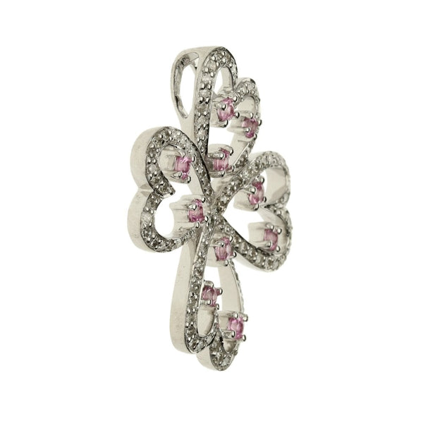 18ct white gold diamond and pink stone flower pendant