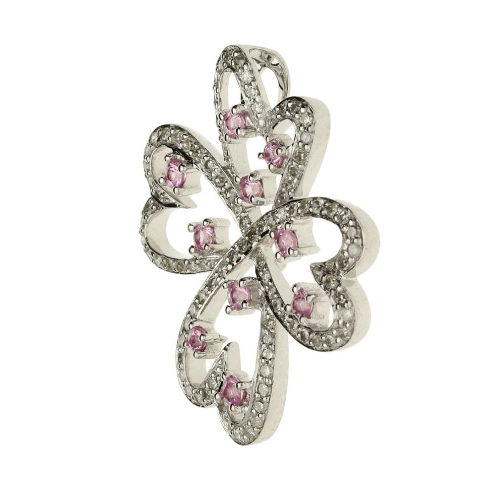 18ct white gold diamond and pink stone flower pendant