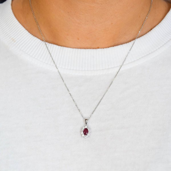 18ct White Gold Chain With Ruby & Diamond Pendant - 17"