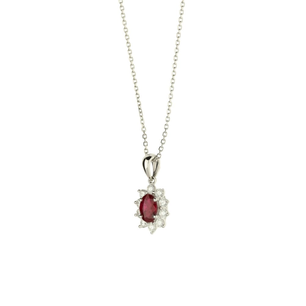 18ct White Gold Chain With Ruby & Diamond Pendant - 17"