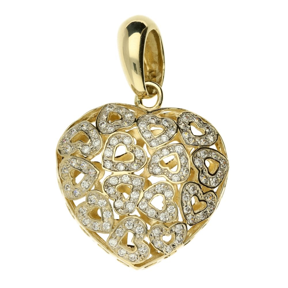 9ct Yellow Gold Large CZ Heart Pendant-