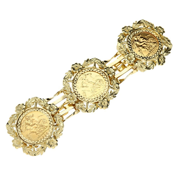 9ct yellow gold gate bracelet & 3 half soverieign coins- 43g