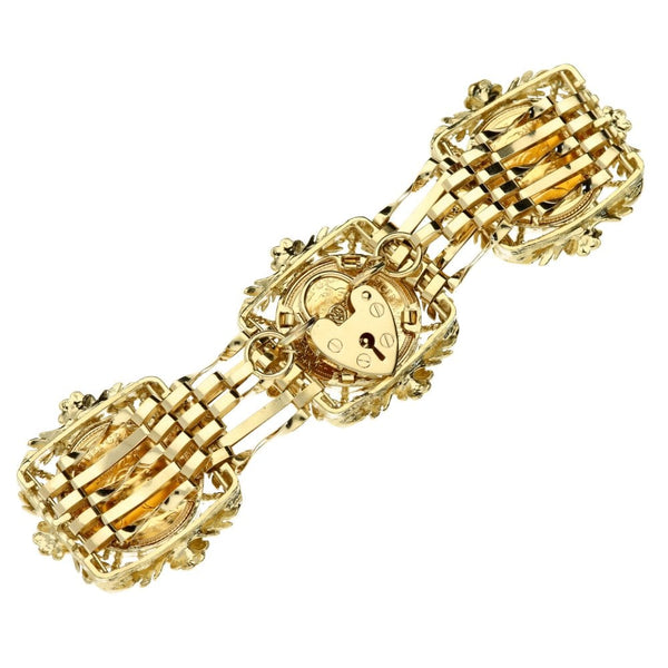 9ct yellow gold gate bracelet & 3 half soverieign coins- 43g
