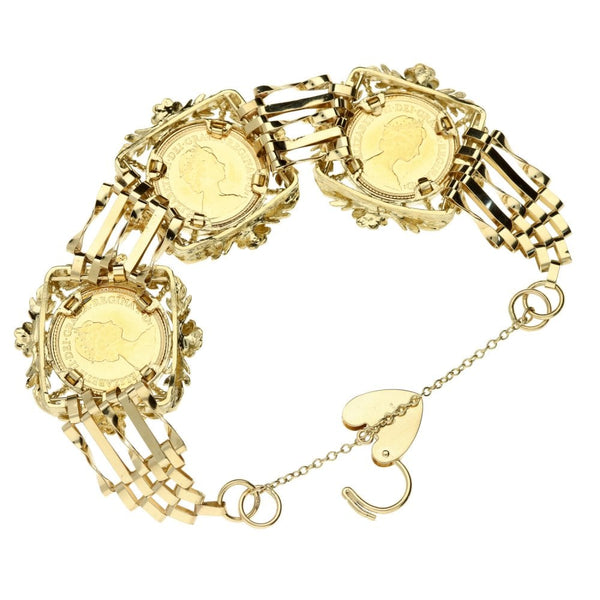 9ct yellow gold gate bracelet & 3 half soverieign coins- 43g