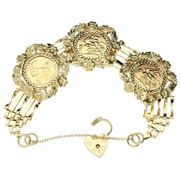 9ct yellow gold gate bracelet & 3 half soverieign coins- 43g