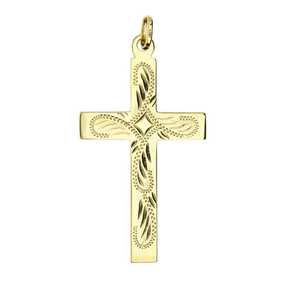9ct Yellow Gold Patterned Flat Cross Pendant