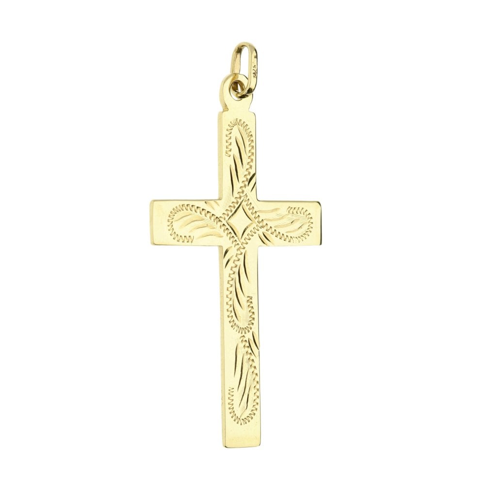 9ct Yellow Gold Patterned Flat Cross Pendant