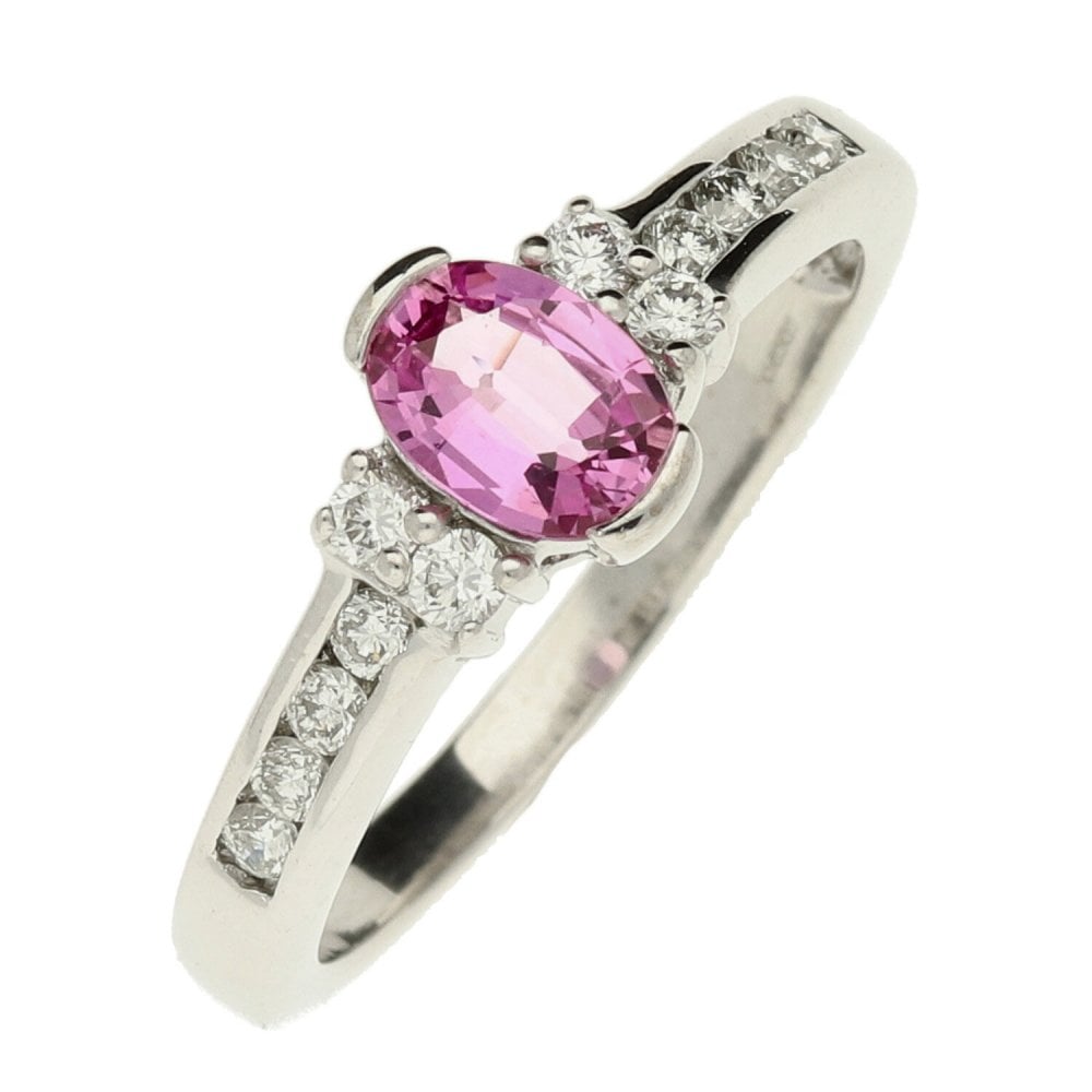 18ct White Gold  Oval Pink & Diamond Ring - Size R