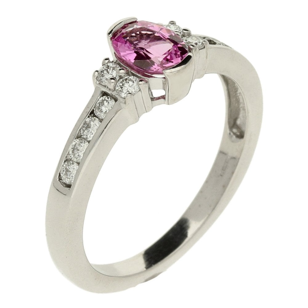 18ct White Gold  Oval Pink & Diamond Ring - Size R