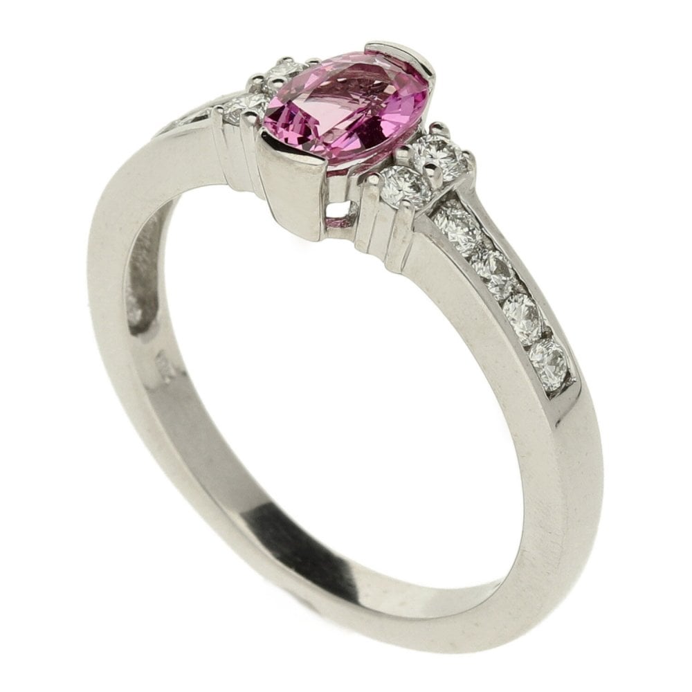 18ct White Gold  Oval Pink & Diamond Ring - Size R