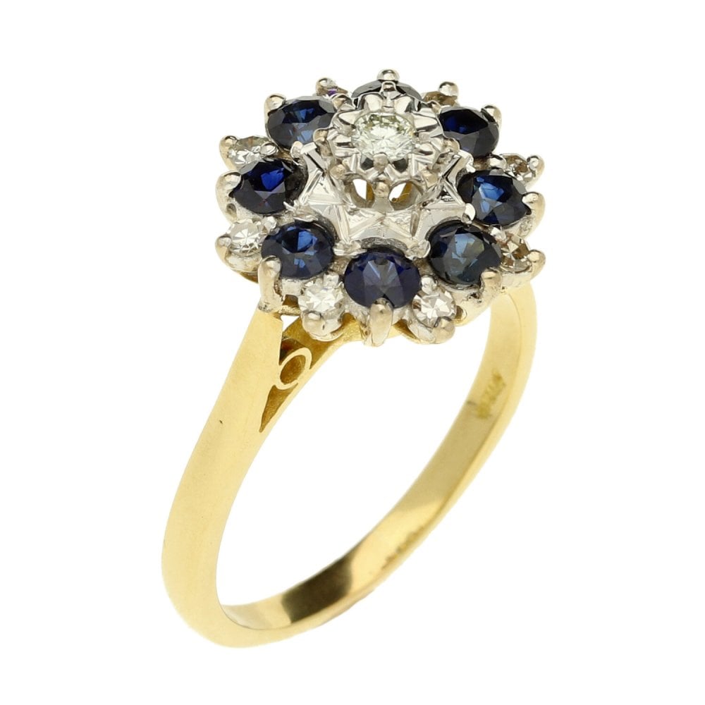 18ct Yellow Gold Sapphire & Diamond Cluster Ring -Size N