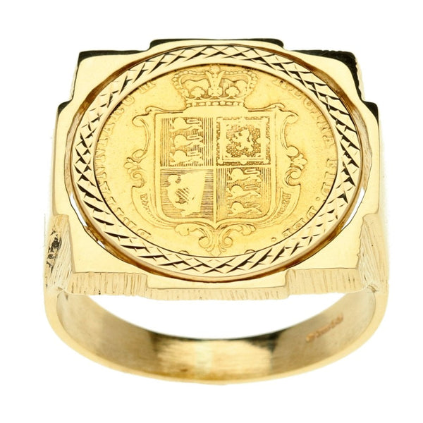 9ct Yellow Gold 1853 Queen Victoria Half Sovereign Ring- Size Z