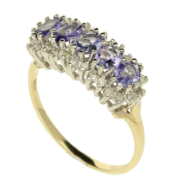 9ct 5 Stone Tanzanite & Diamond Ladies Ring -Size N