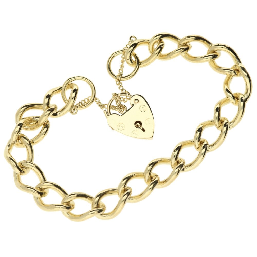 9ct Yellow Gold Ladies Curb Bracelet With Heart Padlock- 8"