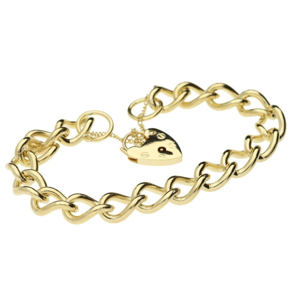 9ct Yellow Gold Ladies Curb Bracelet With Heart Padlock- 8"