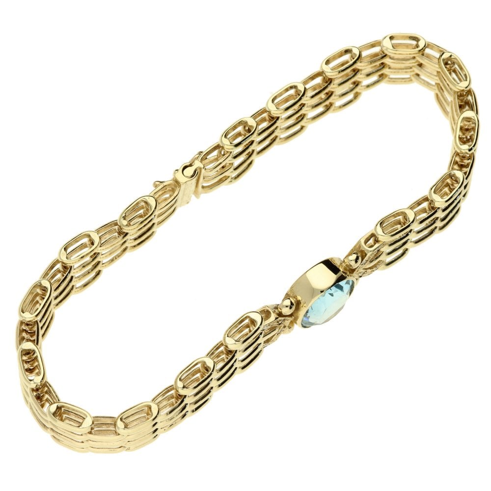 9ct Yellow Gold & Blue Stone Gate Style Bracelet