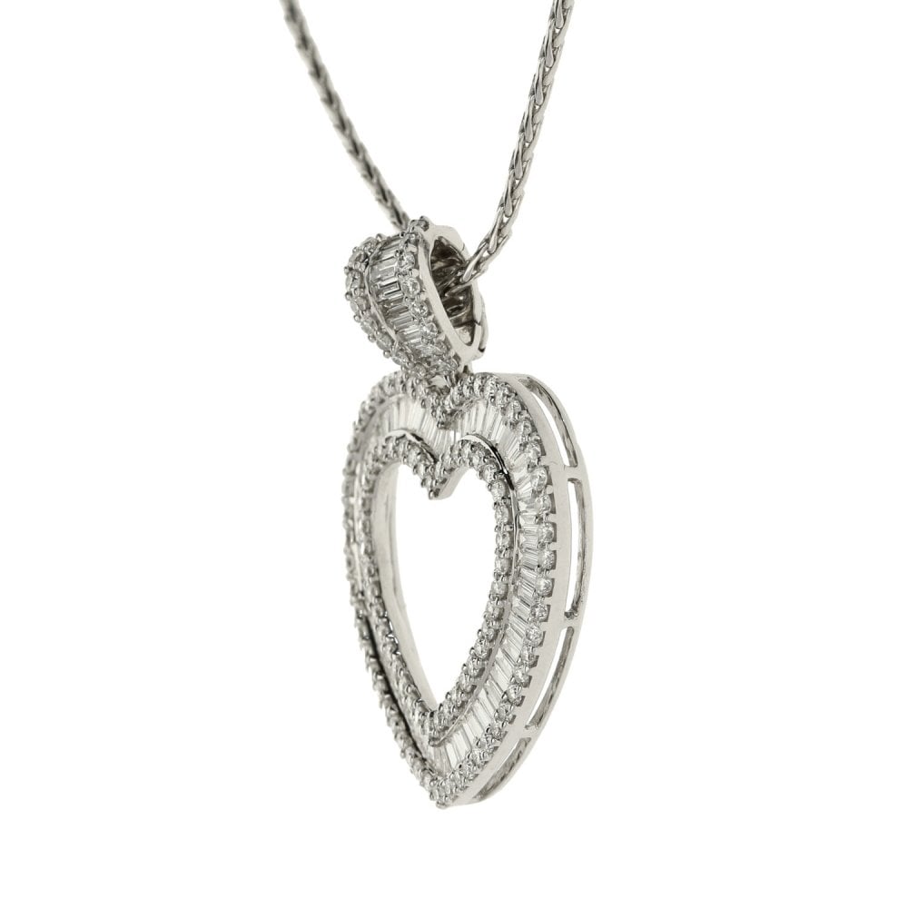 18ct White Gold Rope Necklace & Diamond Heart Pendant-18"