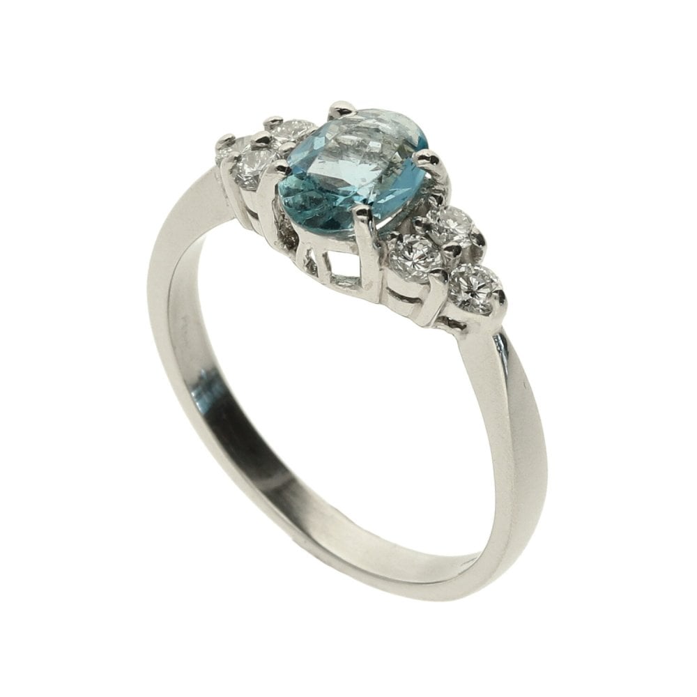 Platinum  Aquamarine & Diamond Stone Ring - Size M1/2