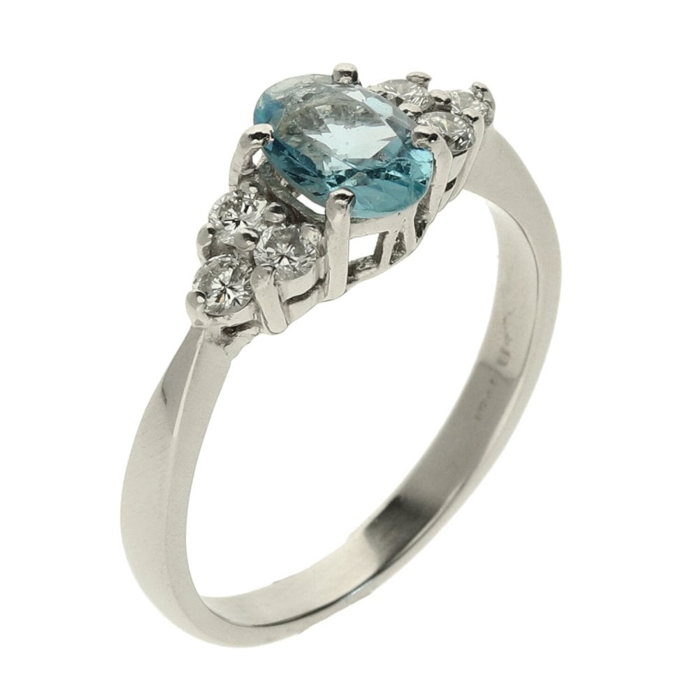 Platinum  Aquamarine & Diamond Stone Ring - Size M1/2