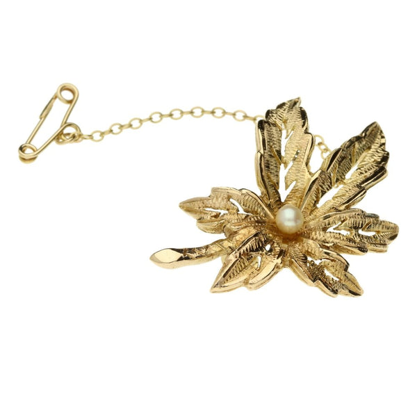 9ct Yellow Gold Pearl Leaf Brooch - 6.5g