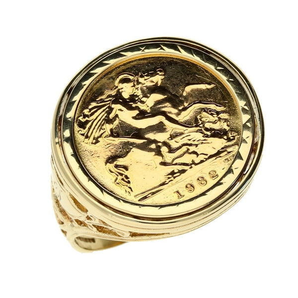 Yellow Gold 1982 Sovereign Coin Ring - Size X
