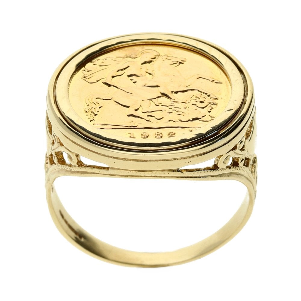 Yellow Gold 1982 Sovereign Coin Ring - Size X