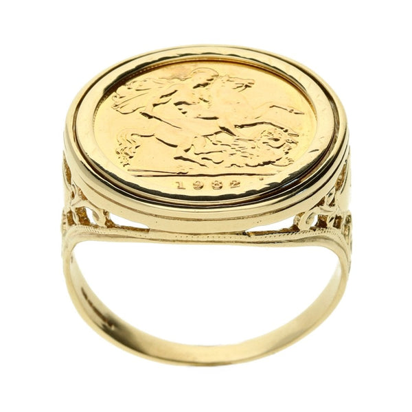 Yellow Gold 1982 Sovereign Coin Ring - Size X