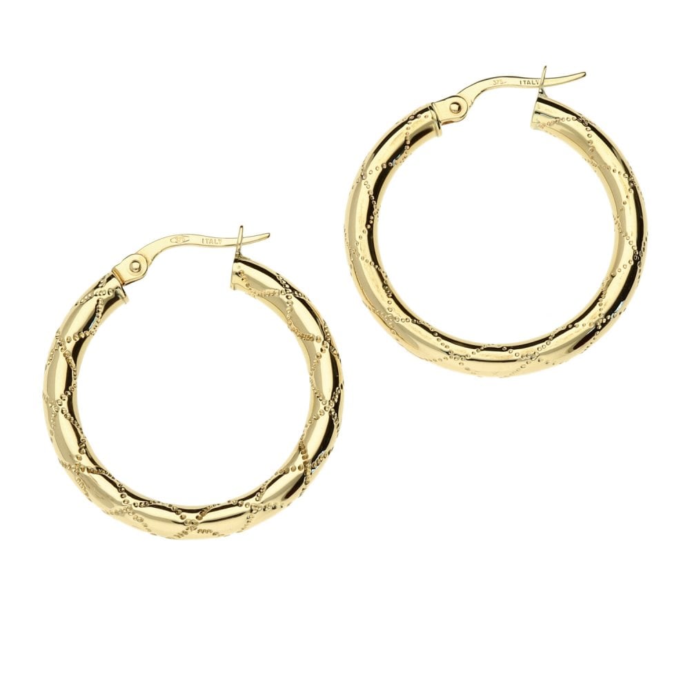 9ct Yellow Gold Patterned Hoop Earrings- 1.7g
