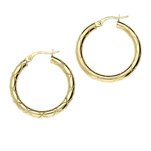 9ct Yellow Gold Patterned Hoop Earrings- 1.7g