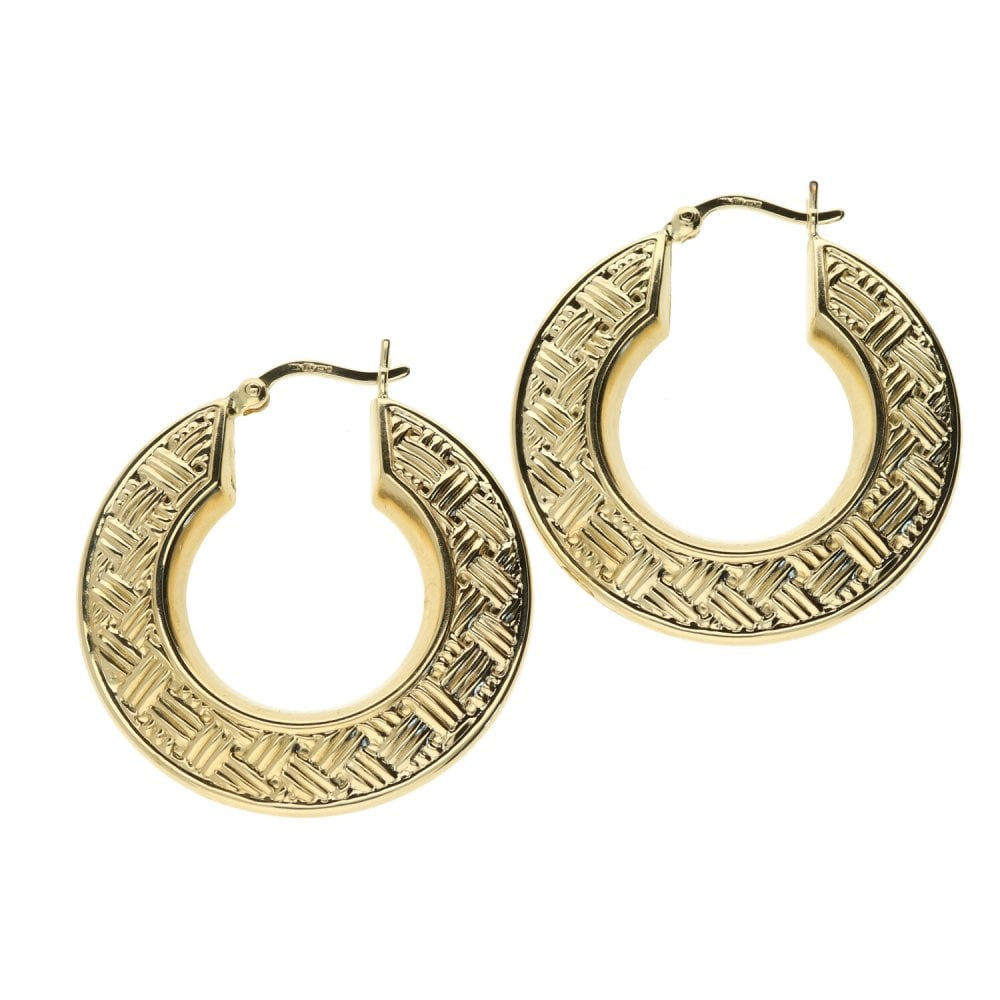 9ct Yellow Gold Large Patterned Hoop Earrings -4.3g