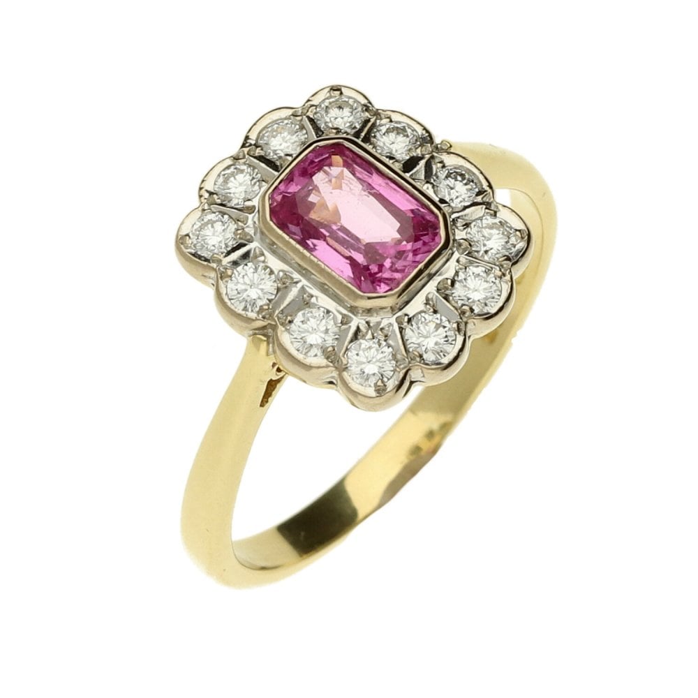 18ct Yellow Gold Pink Sapphire & Diamond Cluster Ring
