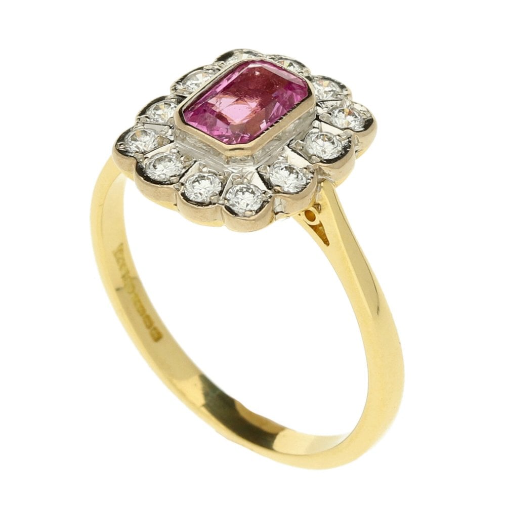 18ct Yellow Gold Pink Sapphire & Diamond Cluster Ring