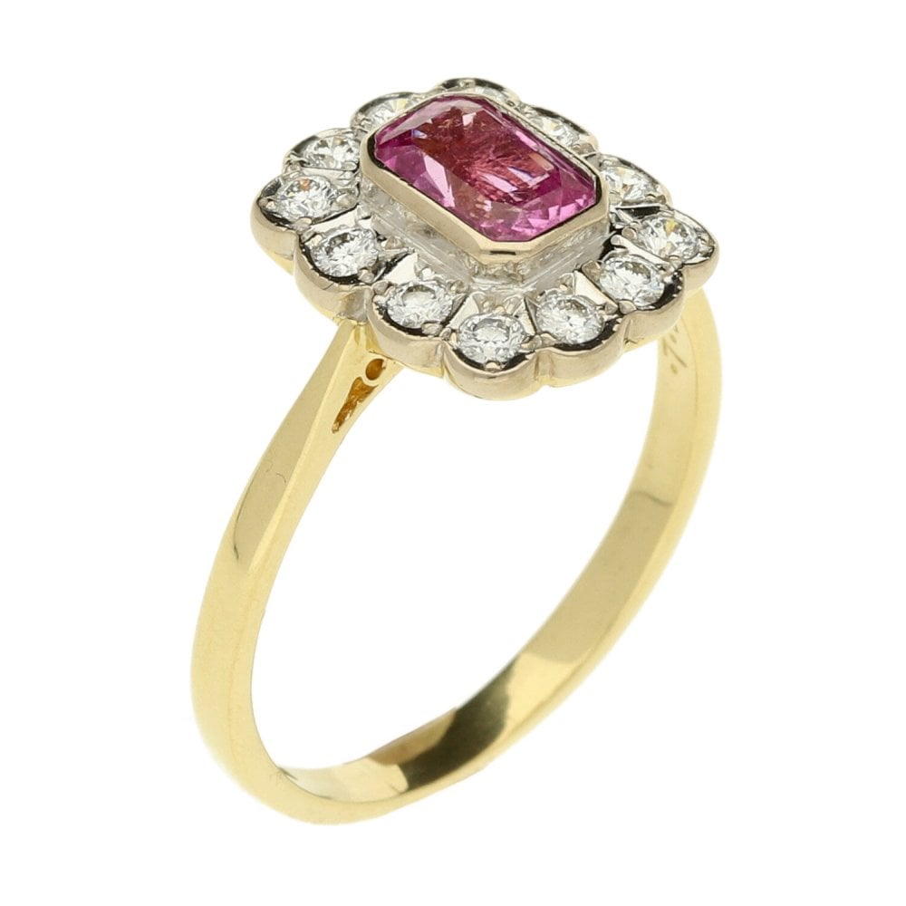 18ct Yellow Gold Pink Sapphire & Diamond Cluster Ring