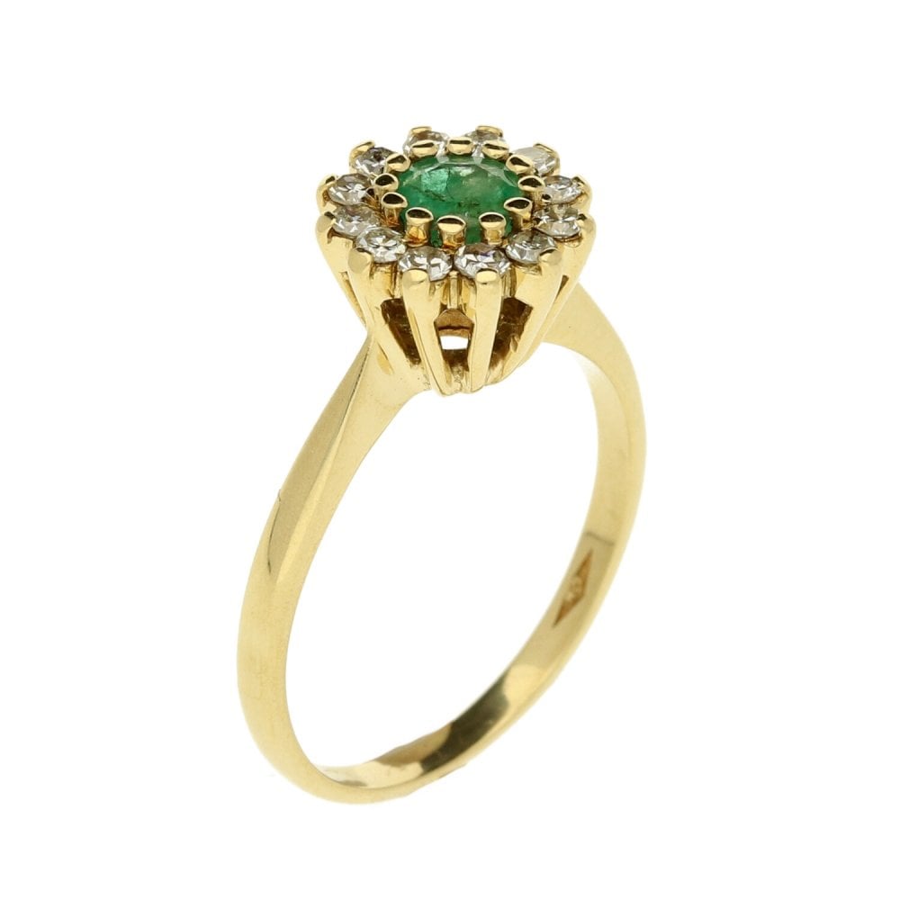 18ct Yellow Gold Emerald & Diamond Ring - Size L