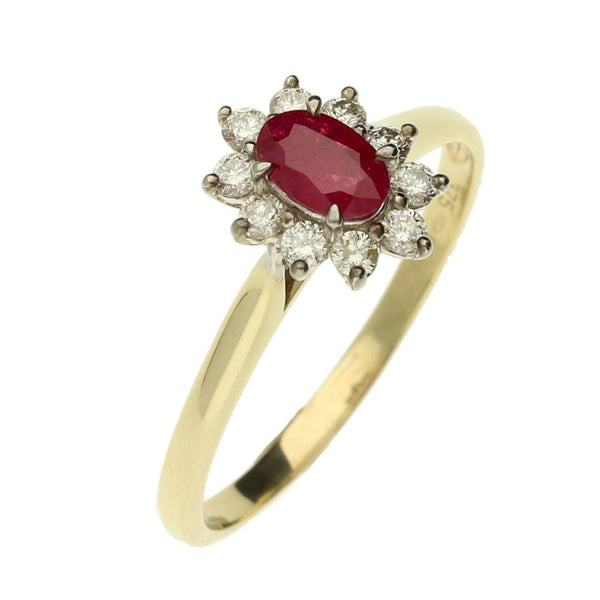 9ct Yellow Gold Ruby & Diamond Cluster Ring - Size T