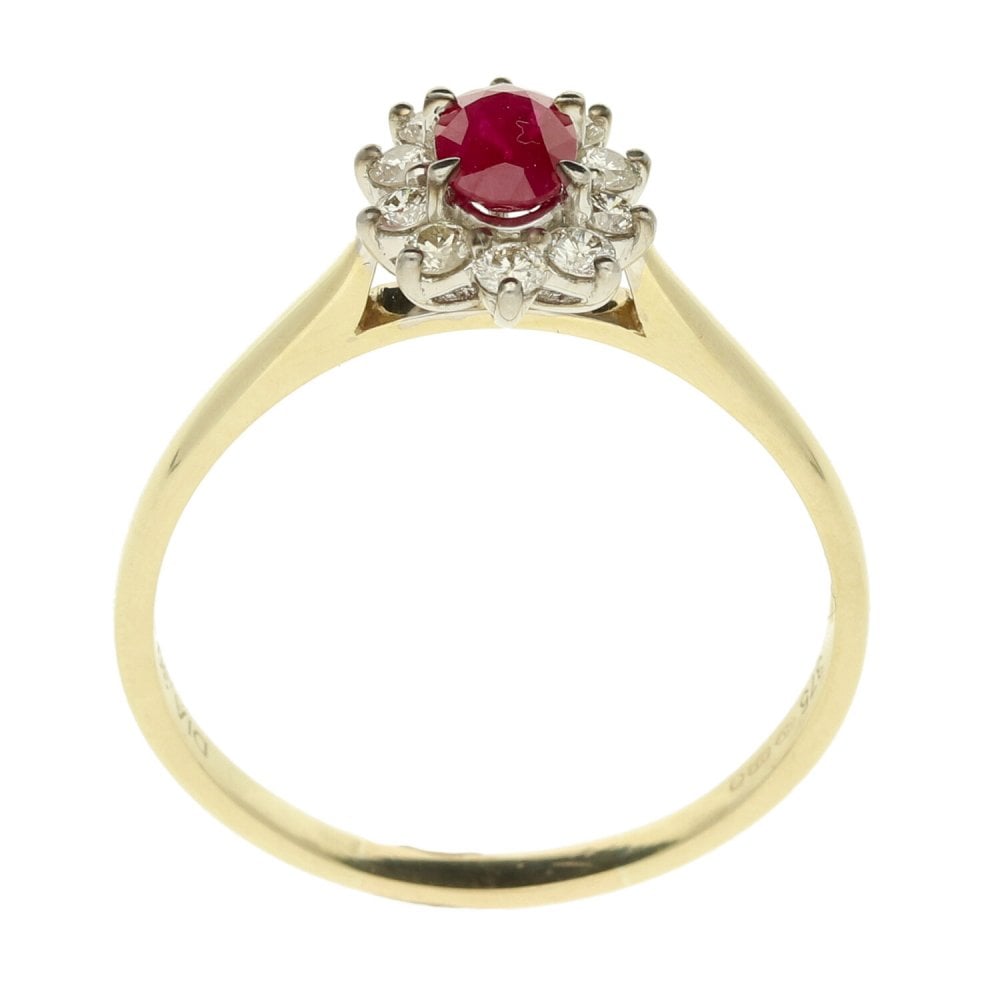 9ct Yellow Gold Ruby & Diamond Cluster Ring - Size T