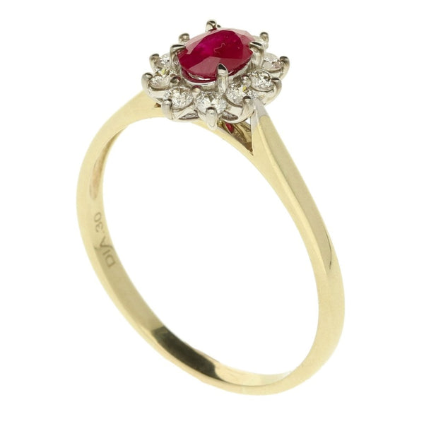 9ct Yellow Gold Ruby & Diamond Cluster Ring - Size T
