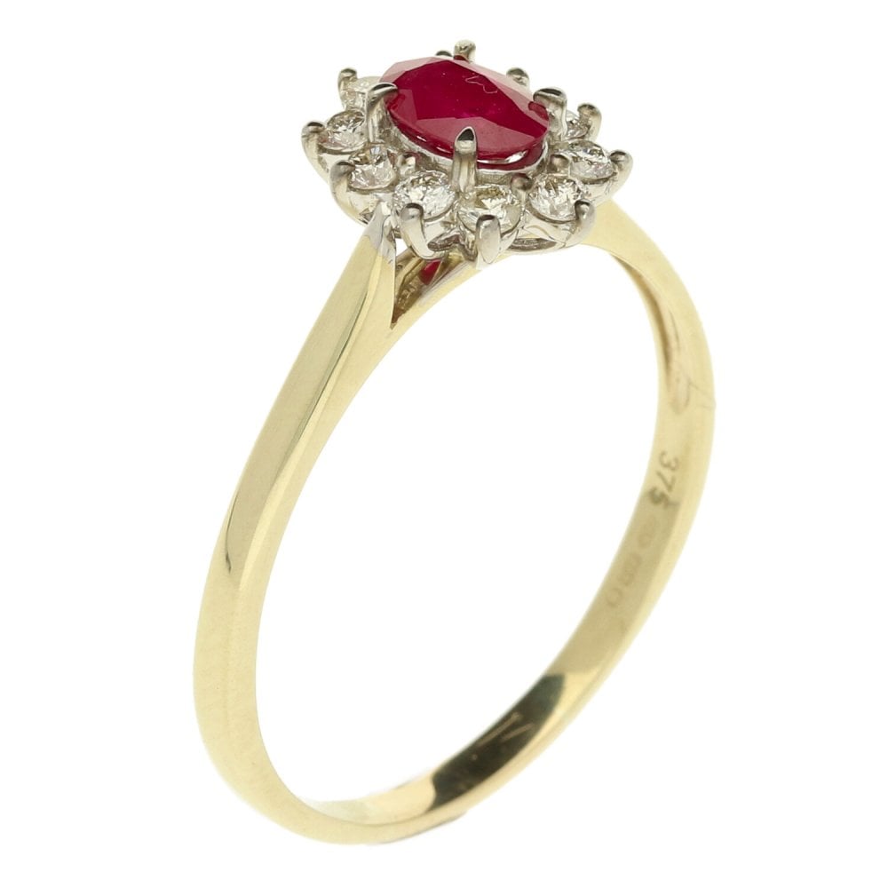 9ct Yellow Gold Ruby & Diamond Cluster Ring - Size T