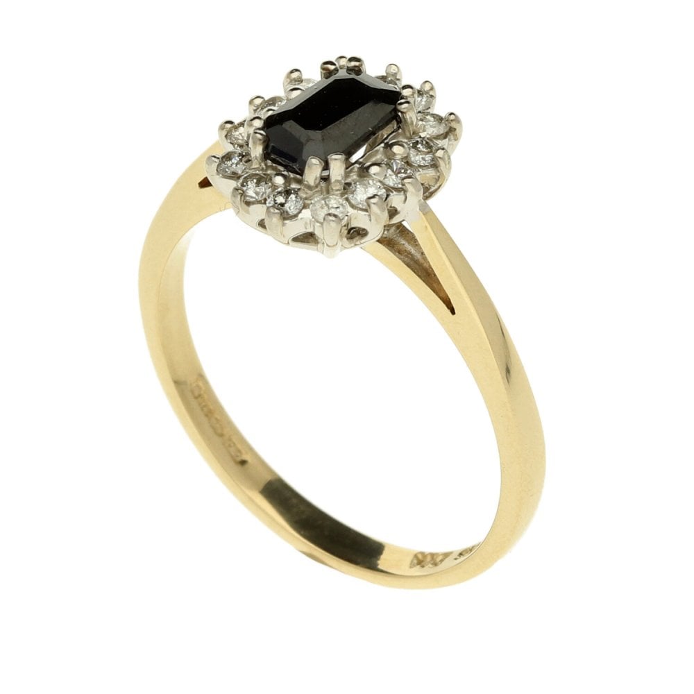 9ct Yellow Gold Dark Blue Sapphire & Diamond Cluster Ring